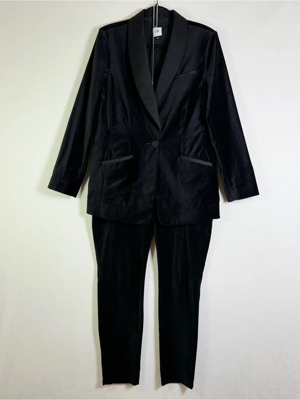 Cabi Women’s Black Velvet Tuxedo Pant Suit Set Size L Jacket & 14 Pants